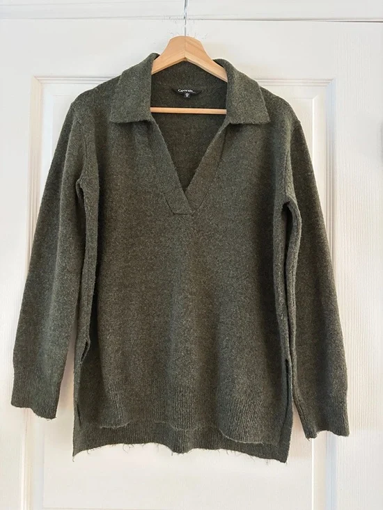 Olive green knit polo sweater, Size XS - Picture 2 of 9